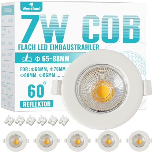 Wondlumi 7W extra platt infälld LED-spotlight, 600LM motsvarande 65 W halogenglödlampa, 4 000K neutral vit, 220 V vit takspotlight, 68 mm hål, 6 st