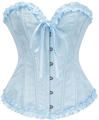 Vrapo Korsett Damen - Bustier Corset Top für Frauen - Vollbrust Corsage Schnürkorsett Taillenformer Dessous - Pflaumenblüten Bambus Muster - Sternen Licht Blau - Größe S