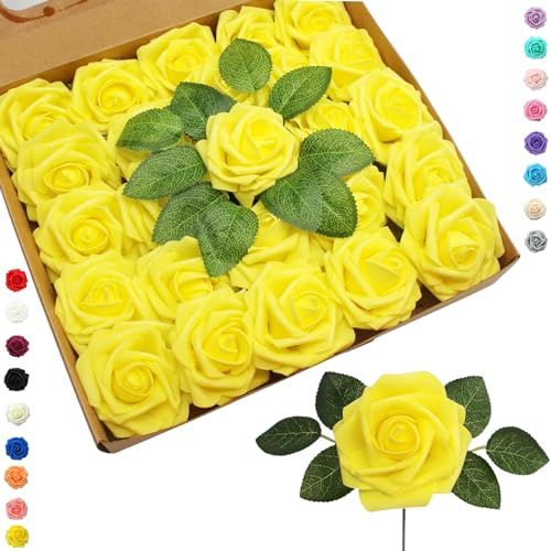 25 fiori artificiali in schiuma di colore giallo realistico, fiori artificiali sfusi con stelo per decorazioni di nozze, addio al nubilato, decorazioni per baby shower e San Valentino