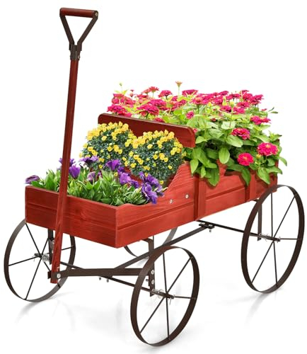 HOMASIS Jardinière en bois pour plantes, brouette avec roues en métal et 2 compartiments, pot de fleurs en forme de monocycle décoratif pour jardin, terrasse, patio, 63 x 35 x 62,5 cm (rouge)