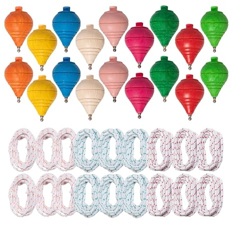 Peonzas niños de Madera clásica Colores Surtidos con Cuerda - Juego Manual para niños con Punta giratoria - Pack a Elegir 4/8/16/24 - Surtido de Colores peonza Trompo Spinners Perinola (18und)
