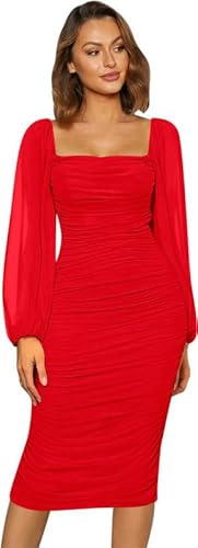 Haibang Robe de Soiree Femme Sexy Robe Moulante en Maille à Manches Longues et Col Carré Mini Robes Courtes Élégante Robe pour Cocktail Party Fête Club Bal Mariage Soirée
