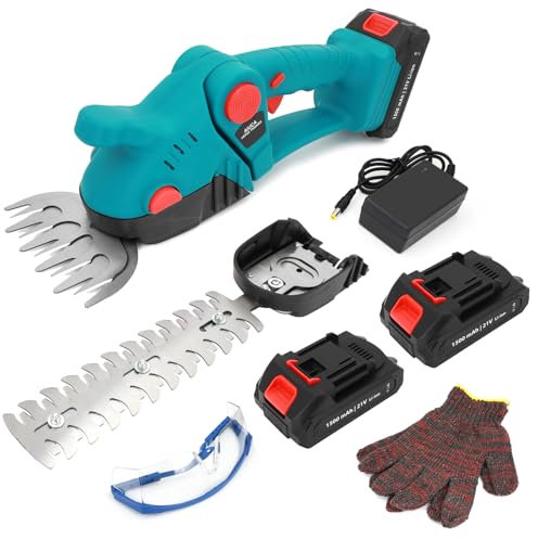 Tijeras de Césped y Setos a Batería 2 en 1, Cortasetos Eléctrico 21V 1260 RPM, Recortadora de Jardín, Incluye 2 Baterías de 1500 mAh y Cargador, Cuchillas Intercambiables de 130 mm y 230 mm