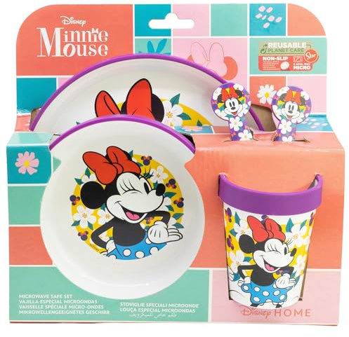 SET 5 PCS ANTIDESLIZANTE (PLATO, CUENCO, VASO Y CUBIERTOS) PREMIUM BICOLOR EN CAJA MINNIE SUNSHINE