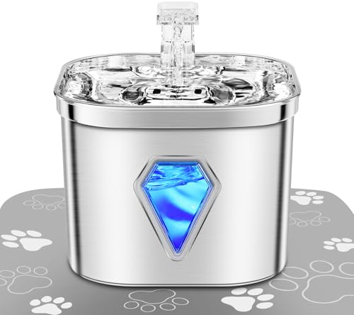 EUARY Dispensador Agua Gatos Perros Acero Inoxidable Desinfección,Alimentado por USB,Ultrasilencioso,Filtro Doble Esponja Carbón Activo 5 Capas (Only Fuente de Aguapara Gatos, Sliver)