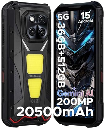 DOOGEE V Max Play Rugged Smartphone 5G, Dimensity 7300, 20500 mAh Batteria Android 15, 36GB+512GB, 6.78'' FHD+ IPS 120Hz+ 200MP, Funzione proiettore/Widevine L1/Fingerprint ID/Face Unlock/NFC- Nero