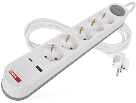 EMOS - Steckdosenleiste 5-Fach mit USB-Fast-Charge Laden, 3m Kabel - Mehrfachsteckdose mit Schalter für Innenbereich - Wandmontage tauglich - 5X Steckdose, 1x USB C, 1x USB A - weiß