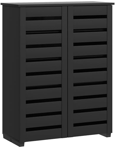 HOMCOM Narrow Shoe Cabinet for Entryway, 5-Tier Slim Shoe Storage Cabinet with 2 Slatted Doors and Adjustable Shelves for 15 Pairs, Black