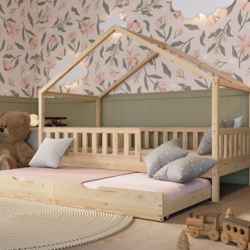 Crazy Pine Montessori Hausbett mit Ausziehbett Crazy House 120x200 cm Natur