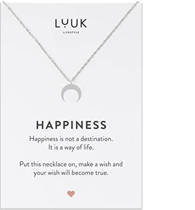 LUUK LIFESTYLE Collar de acero inoxidable para mujer con colgante Luna invertida y tarjeta HAPPINESS, idea de regalo, mujeres, niñas, joyería moda, (50 cm ca.), collar para mujer y niña, plata