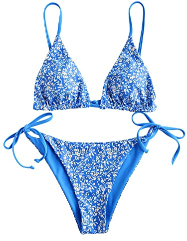 ZAFUL Women's Triangle Bikini Floral String Bikini Set Two Piece Swimsuit Bathing Suits (2-Ocean Blue, S)