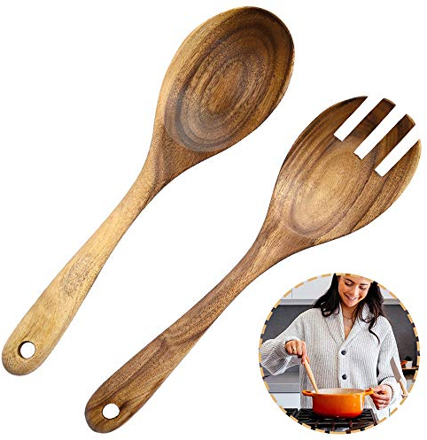 2 Pezzi Cucchiaio in Legno Forchetta, Legno Posate per Insalata, Cucchiaio Insalata in Legno, Naturale Legno Acacia Portatile Fatto a Mano Cucchiai Forchetta per Insalate, Utensili Cucina