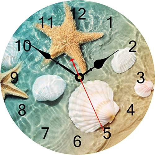 TAHEAT 30 cm Marino Conchiglia Stella Orologio da parete, Rotondo Silenzioso Non ticchettio Decorazione Orologi, Legno Orologio da parete per Camera da letto/Soggiorno/Cucina/Bagno
