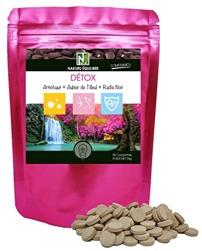 NAKURU | Détox = Artichaut + Aubier de Tilleul + Radis Noir | NAKURU Équilibre | Fabriqué en France | (90 Comprimés de 600mg / Poids Net: 54g)