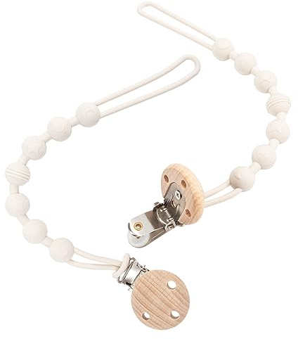 Dummy Clip, 2 Pack Silicone Dummy Clips with Wooden Design Pacifier Holder Clip, Soft Flexible Pacifier Clips for Boys and Girls (White)