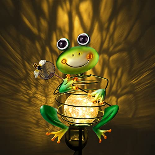 HEDAQI Frog Solar Garden Light - Metal Stake Light with Crackle Glass Waterproof Globe, Solar Power LED for Garden, Lawn, Patio, Pathway Decor