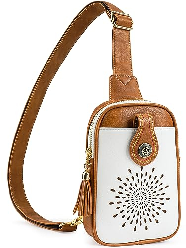 APHISON Sling Bag Klein Brusttasche, Sunflower Crossbody Bag Leder Bauchtasche Klein Umhängetasche Damen, Schultertasche mit Verstellbarer Schultergurt Weiss-braun