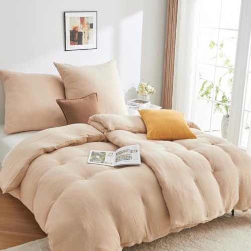 ADDSOUL Musselin Bettwäsche Set 135x200cm + 80x80cm Beige Bettwäsche Set Oeko Tex Knitterlook Bügelfrei Allergikerfreundlich mit Reißverschluss 100% Baumwolle Doppel Gauze