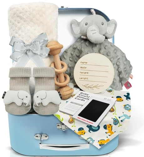 Palotix Newborn Baby Boy Gift Hamper Set: Newborn Essentials with Elephant Comforter Blanket, Wooden Rattle, Bib, Socks & Ink Pad in a Blue Keepsake Box - Baby Shower Gift for New Arrival