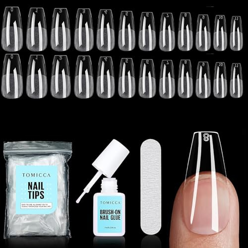TOMICCA Medium Coffin Nail Tips - 240pcs Pre-Buffed Clear False Nails with Glue & File, 10 Sizes Ballerina Shape Acrylic/Gel Extensions Kit for Salon & Home DIY
