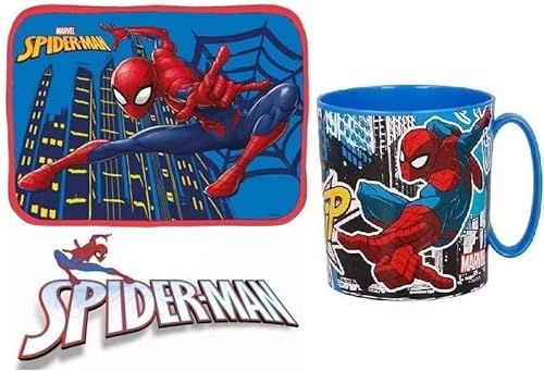 ILS I LOVE SHOPPING Ensemble de 2 pièces pour petit-déjeuner avec set de table pliable et souple et tasse de 350 ml pour micro-ondes (Spiderman)