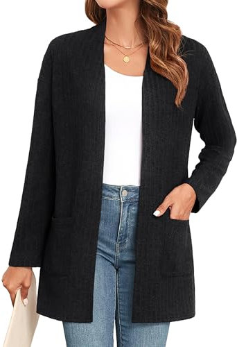 IWOLLENCE Cardigans for Women UK Long Sleeve Lightweight Cardigans Open Front Ribbed Knit Outerwear Cardigan Jumper with Pocket (Black, M)