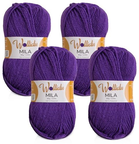 Wollidu Mila Fil pour crochet et tricot 4 x 50g/133m Fil à tricoter 100% polyacrylique Fil à crocheter Violet