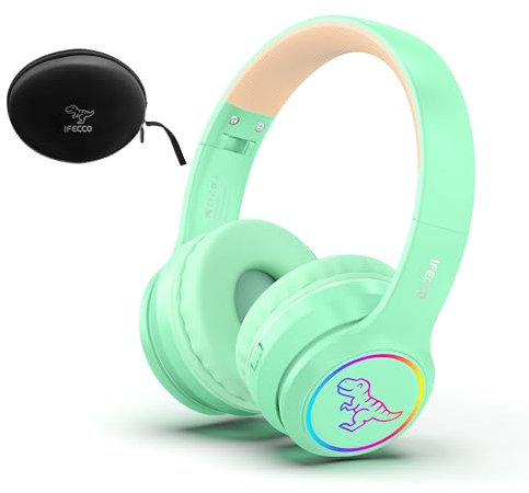 IFECCO Auriculares Bluetooth Niños con Micrófono,Cascos Inalambricos Niña con Estuche,Luz LED Dinosaurio Auriculares para Viajes Escuela Regalos