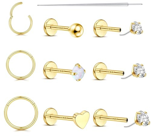 Morfetto Hipoalergénico Piercing Oreja Piercing Tragus Helix Labio Acero Quirurgico - 18G Piercing Nariz Oro Mujeres Anillo Labial Plata CZ Cartílago Labret Conch Joyería 6/8/10mm Oro 3CZ