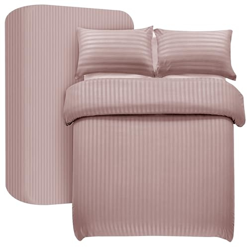 My home store Double Duvet Cover Set 4 Pcs Satin Stripe Duvet Covers Soft Brushed Microfiber Bedding Set with Fitted Sheet 30 CM Deep & 2 Pillowcases (Blush)