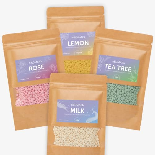 NEOMANN Vaxpärlor för vaxhårborttagning, 450 g testräd, mjölk, citron, ros, hårt vax eller vax för smärtfri vaxpärlor hårborttagningskropp (4-pack)