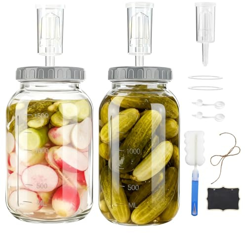 QUTHZZHY 2 l fermenteringsglas med luftlås, 2 stycken fermenteringsglas bred mun fermenteringsglas, jäsbehållare, kimchi-behållare, fermentering startset för Kimchi surdeg surkål grönsaker