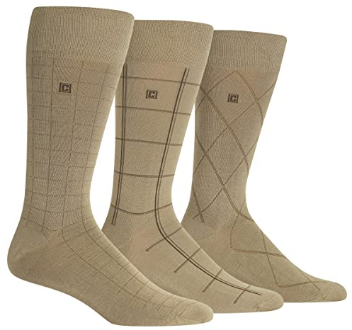 Chaps Mens Crew - 3 Pair Pack Solid And Pattern Designs Dress Sock, Dashed Windowpane (Khaki), 6-12 US
