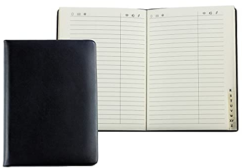 DELMON VARONE - Personalisierbares Adressbuch DIN A6+ gebunden mit A-Z Register Boxcalf Leder schwarz - Telefonbuch klein mit leicht wattiertem Hardcover Einband & alphabetischem Telefonregister