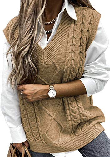 EVALESS Womens Sweater Vest V Neck Sleeveless Yellow Sweaters for Women Cable Knit Solid Color Tops Loose Casual Soft Sweater Medium