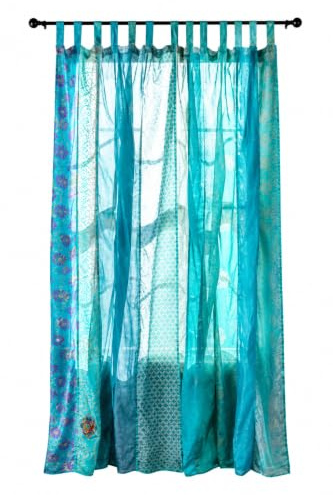RAJBHOOMI HANDICRAFTS Indian Old Sari White Color Curtain Door Drape Window Decor Silk Sari Hippie Recycle Curtains, 210 x 105 cm (Turquoise)
