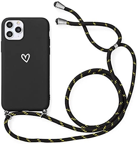 Yoedge Funda con Cuerda para Apple iPhone 14 / iPhone 13 6,1, Carcasa con Cadena Cordón Ajustable Ponible Colgante Correa Corazón Blanco Silicona Mate AntiChoque Suave TPU Cover para iPhone14, Negro
