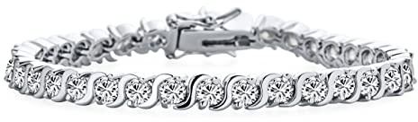 Bling Jewelry Bracelet de tennis traditionnel pour mariée 20 CT AAA CZ solitaire rond tourbillon S vague maillon pour femmes mariage plaqué argent rhodium 7,7,5 pouces