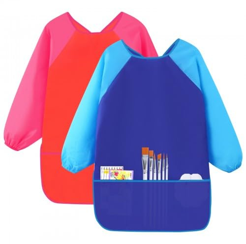 Vesaneae2 Stück Malkittel Kinder mit Taschen, Malschürze Nylon, Malschürze mit Ärmeln für Kinder, Malkittel, Langarm Kittel, Wasserdichter Schürze, Lange Ärmel Malkittel, Kunstkittel mit 3 Taschen
