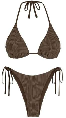 ZAFUL Womens Bikini Bathing Suit Halter Two Piece Swimsuit Ribbed Cheeky High Cut Triangle Bikini Sets Deep Coffee S