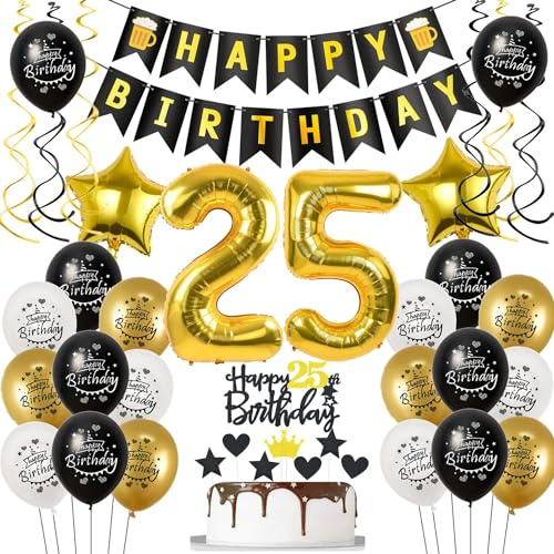 Décoration Anniversaire 25 Ans - Ballon Noir ou Or, Déco Gâteau Homme et Femme