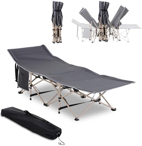 Outsunny Single Person Camping Bed Folding Cot Outdoor Patio Portable Military Sleeping Bed Travel Guest Leisure Fishing with Side Pocket and Carry Bag - Grey
