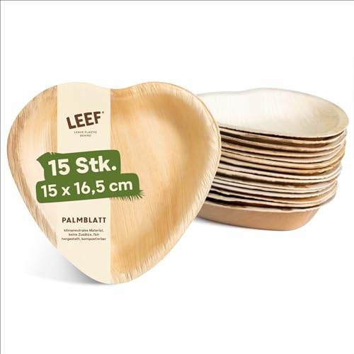 Leef 15x Palmblatt Teller Herz - Einweggeschirr kompostierbar und naturbelassen - 16.5 x 15 x 3 cm Deko Snack Schale - umweltfreundlich - Geschirr Partygeschirr Einwegteller