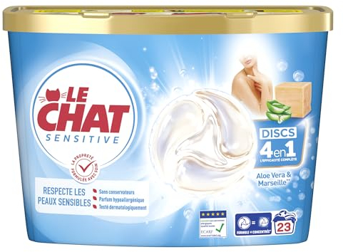 LE CHAT -Sensitive - Disc 4en1 -Savon de Marseille & Aloe Vera - Respecte les Peaux Sensibles -Sans Conservateur - Parfum Hypoallergénique - Testé Dermatologiquement - Efficacité Le Chat - 23 Capsules