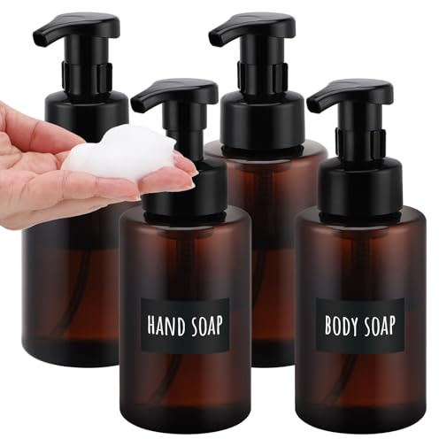 Segbeauty Dispensador Jabon Baño, 4 Piezas 400ml Dispensador Espuma, Botella de Espuma, Dispensador Jabon de Plástico, Dosificador Jabon con Etiquetas, Set Baño Accesorios (Marrón)