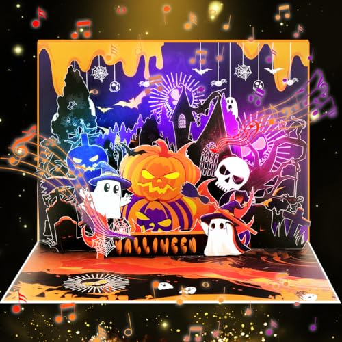 CNLITIHEKA Light and Music Halloween cards, Happy Halloween Music Card, Pumpkin, Ghost, Skeleton, for Kids, Family, Friends. | Pumpkin, Ghost, Skeleton, for Kids, Family, Friends.