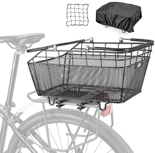 CXWXC Rear Bike Basket with Handle - Quick Release Bicycle Rear Basket with Cargo Net and Waterproof Cover, Wire Bike Baskets Rear Large Capacity (Wire Bike Basket)