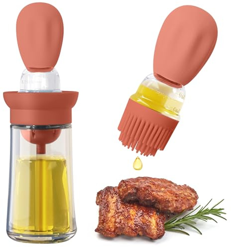 Dispensador de aceite de vidrio grueso azul cielo de 180 ml con cepillo de silicona - Pulverizador de prensa ajustable para cocinar, hornear, barbacoa, freír al aire