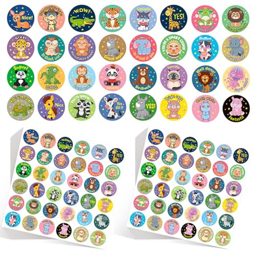 1080pcs Pegatinas de Recompensa Animales Infantiles Motivadoras Profesor Teacher Stickers Niños Papel Etiquetas Adhesivas Redondas Escuela Regalos Tarjetas Sobres
