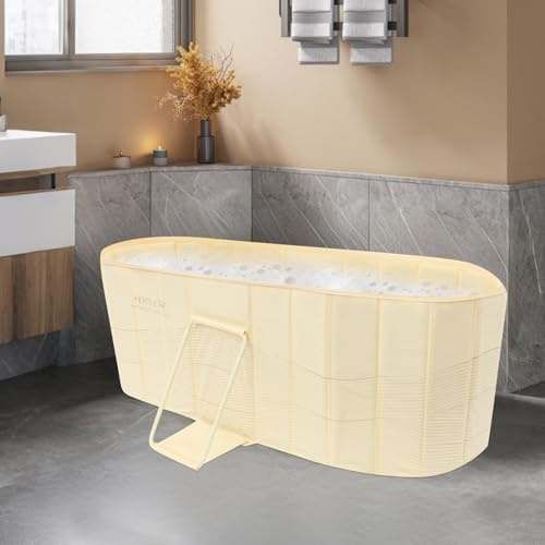 Bärbart mobilbadkar hopfällbart badkar vuxna för hem-SPA, isbad, bastu och dusch med dräneringsskruv och slang, upp till 100 kg, upp till 175 cm, 150 x 55 x 50 cm (gul)